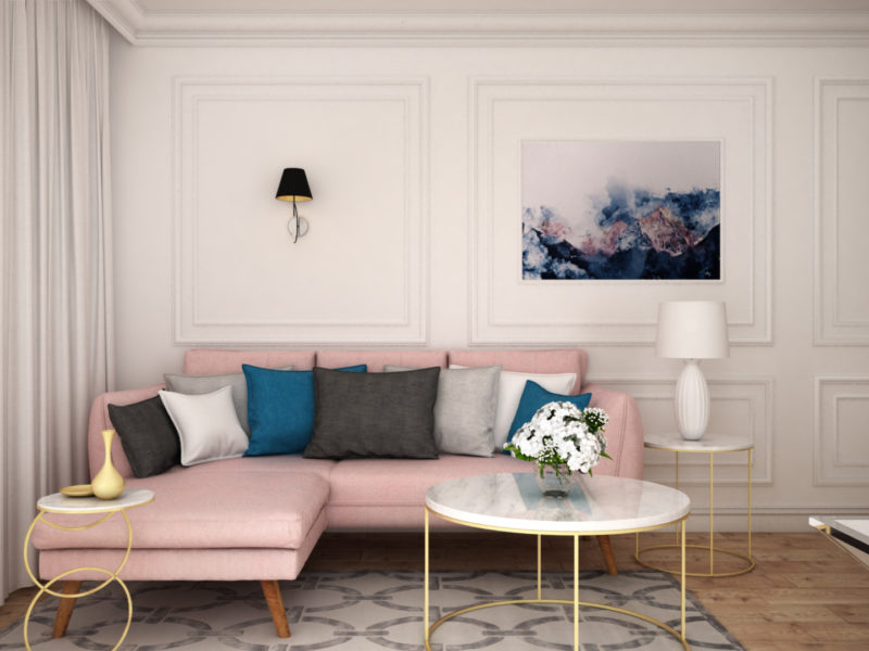 salon z różową sofą